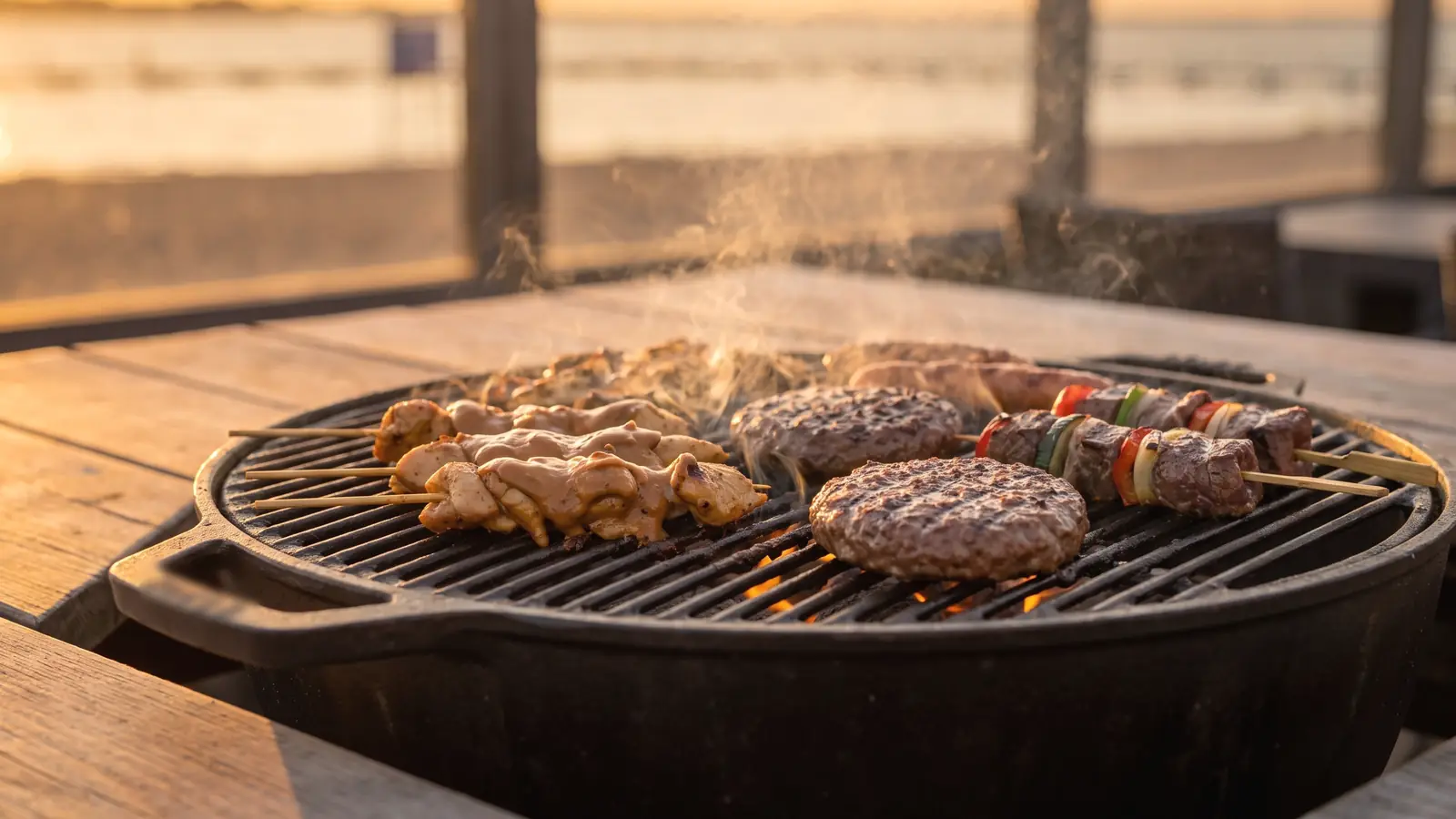 Kipsaté, hamburgers en biefstukspiesen op een houtskoolgrill in de avondzon, het meer onscherp op de achtergrond (AI-beeld)